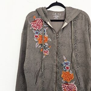 Anthro CAITE Embroidered Floral Zip Hooded Jacket, S